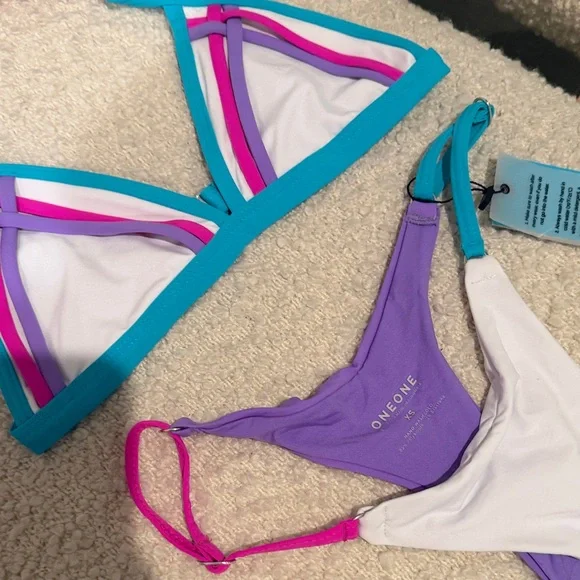 NWT! Oneone Swimwear Small XS Triangle Bikini Bikini Set Strappy Color block - Picture 2 of 7